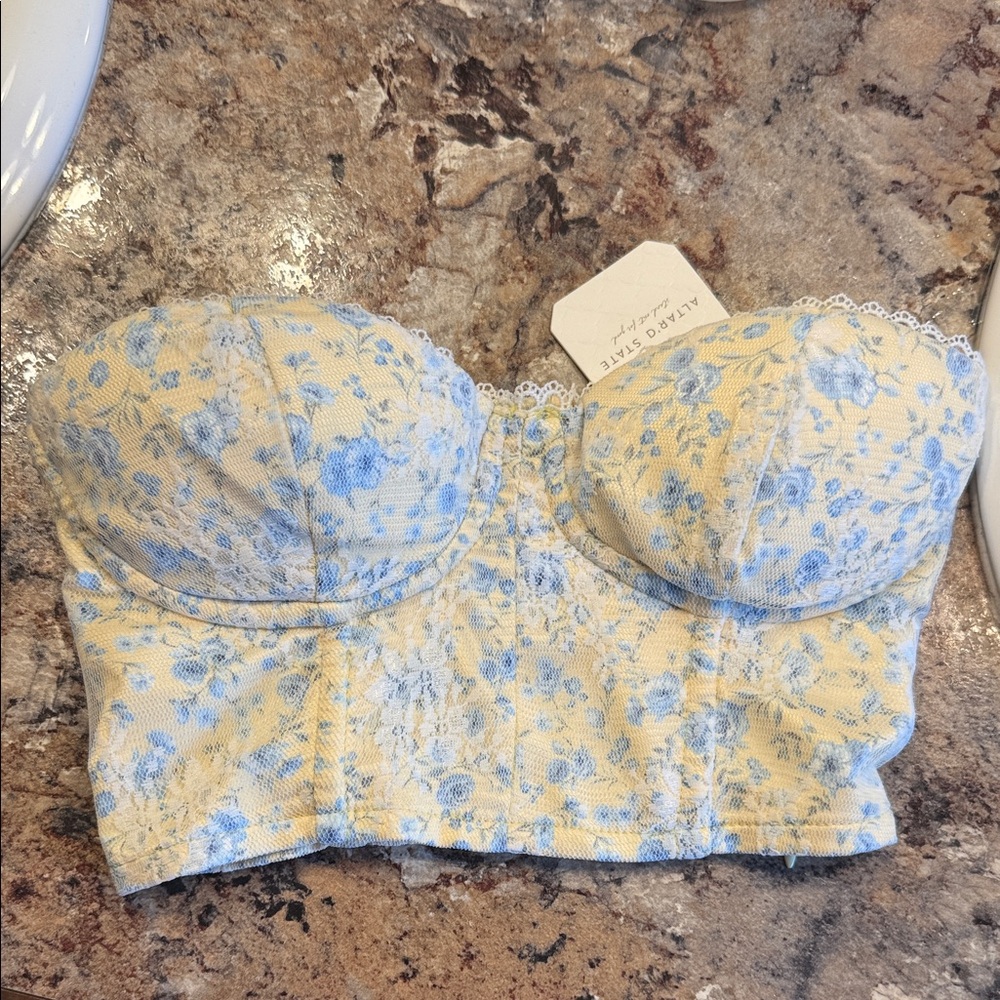 Altar'd State Yellow and Blue Floral corset Crop Top